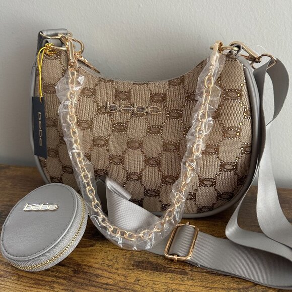 New Bebe Brown Grey Shoulder Bag Crossbody Gold Chain Pouch Sparkly Rhinestones - Picture 2 of 6